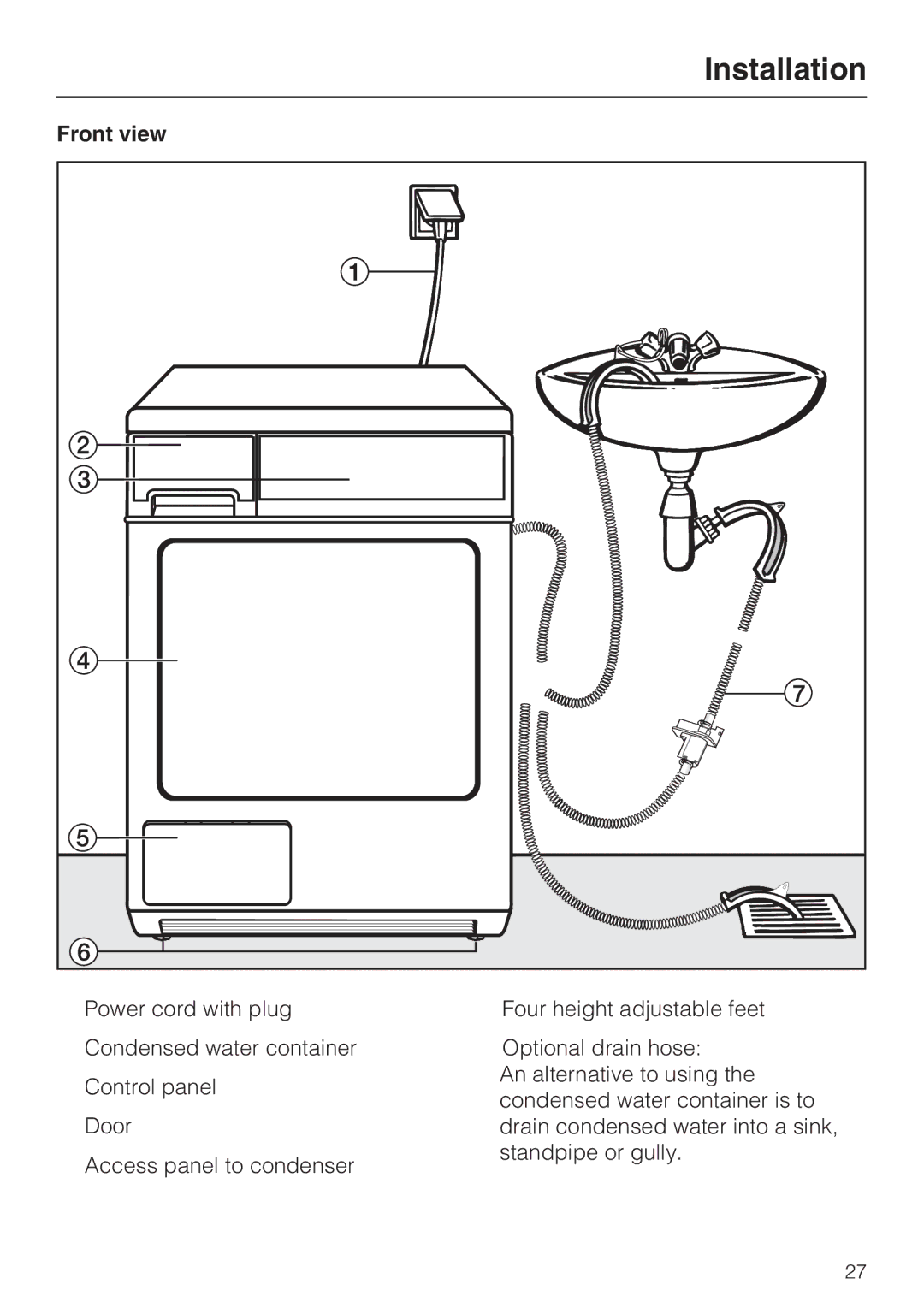 Miele T8013C, T8012C installation instructions Installation, Front view 