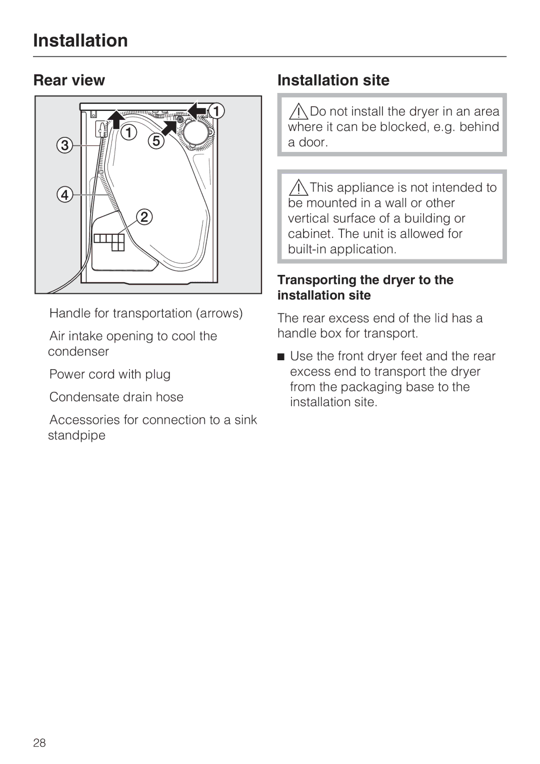 Miele T8012C, T8013C installation instructions Rear view Installation site, Transporting the dryer to the installation site 