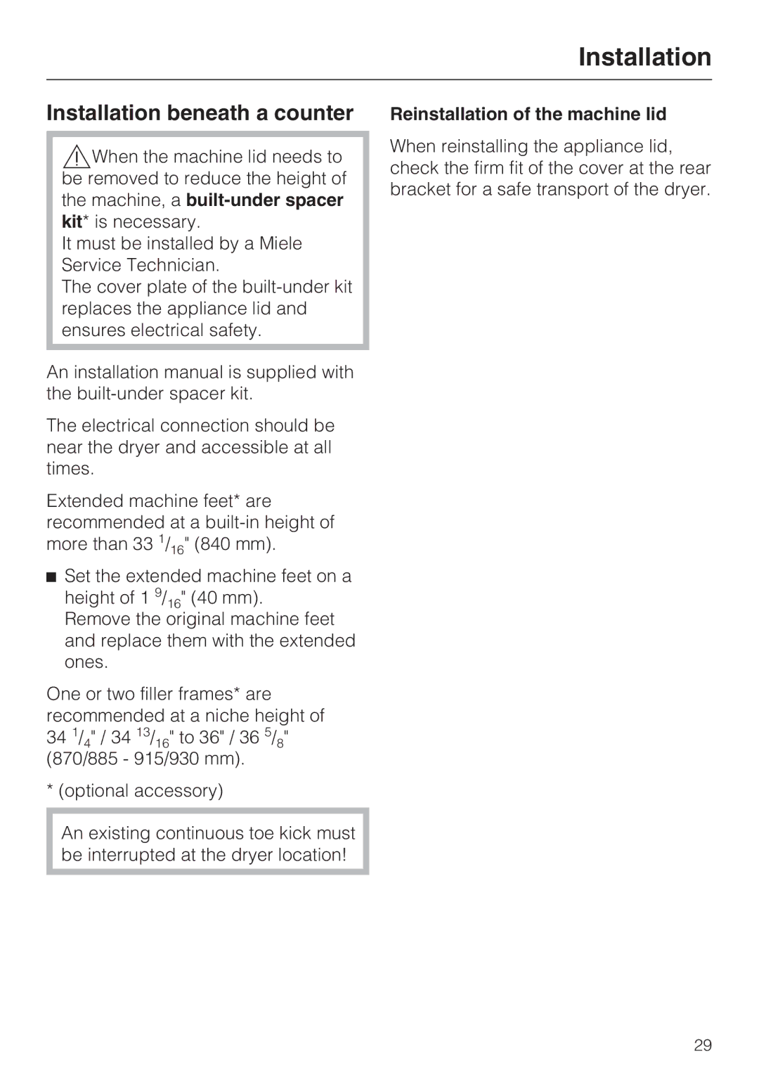 Miele T8013C, T8012C installation instructions Installation beneath a counter, Reinstallation of the machine lid 