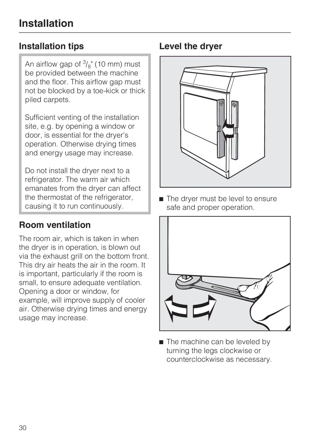 Miele T8012C, T8013C installation instructions Installation tips Level the dryer, Room ventilation 