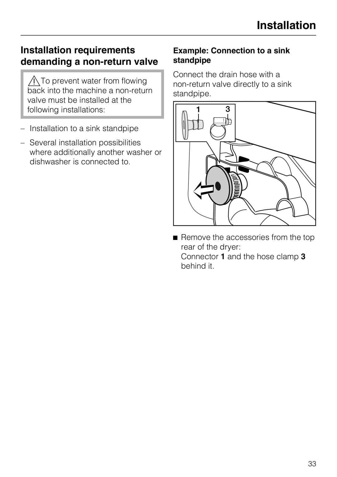 Miele T8013C, T8012C Installation requirements demanding a non-return valve, Example Connection to a sink standpipe 