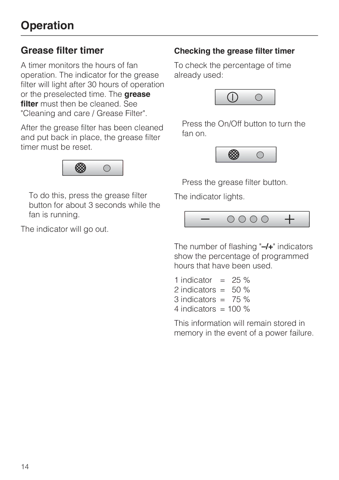 Miele ventilation system, DA 270-4 installation instructions Grease filter timer, Checking the grease filter timer 