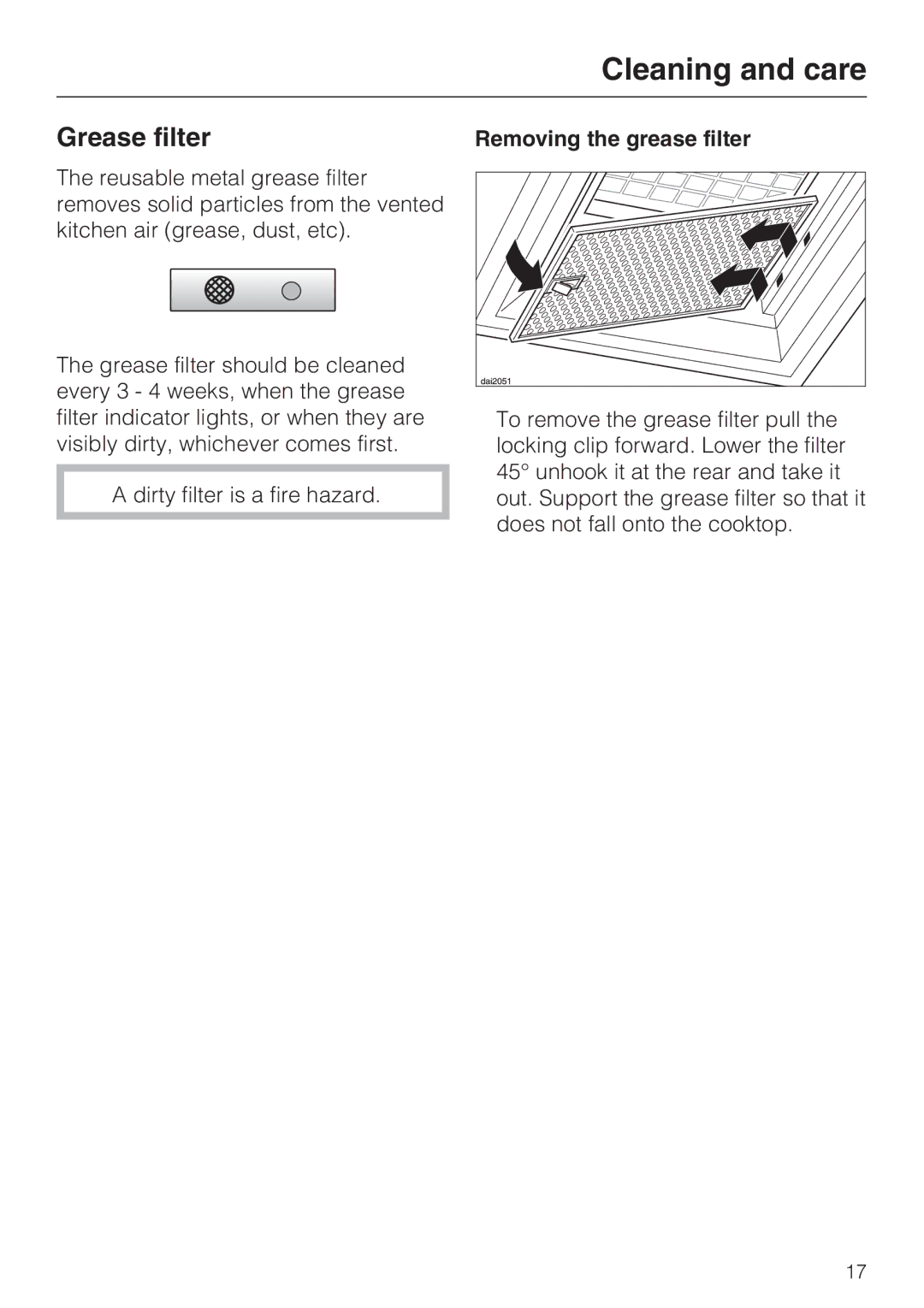 Miele DA 270-4, ventilation system installation instructions Grease filter, Removing the grease filter 