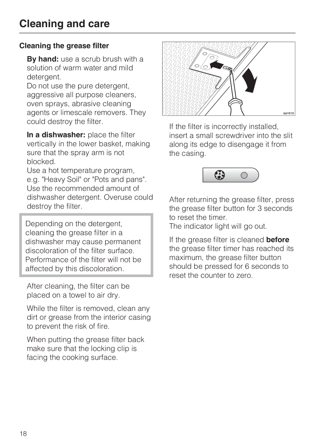 Miele ventilation system, DA 270-4 installation instructions Cleaning the grease filter 