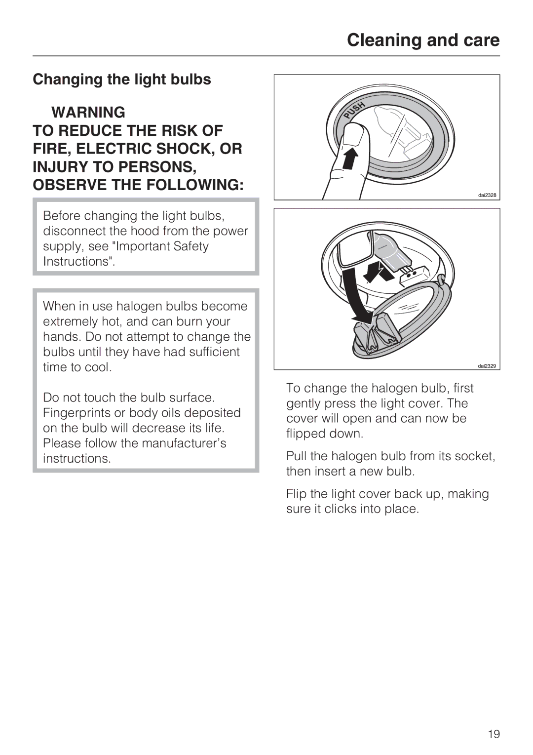 Miele DA 270-4, ventilation system installation instructions Changing the light bulbs 