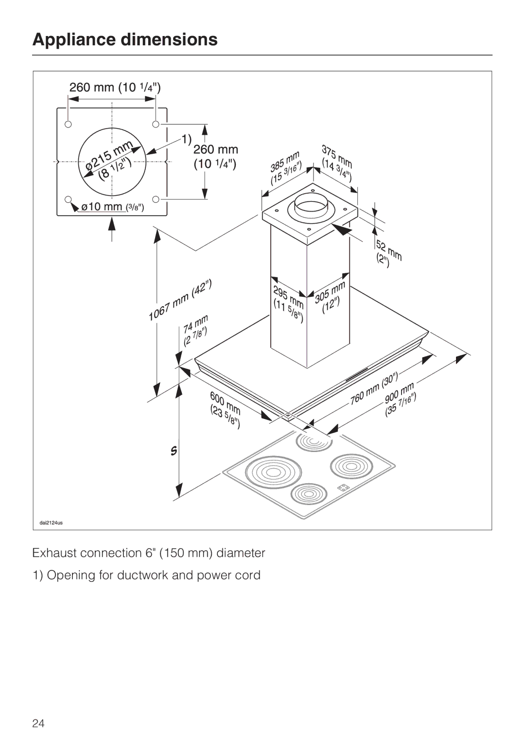 Miele ventilation system, DA 270-4 installation instructions Appliance dimensions 