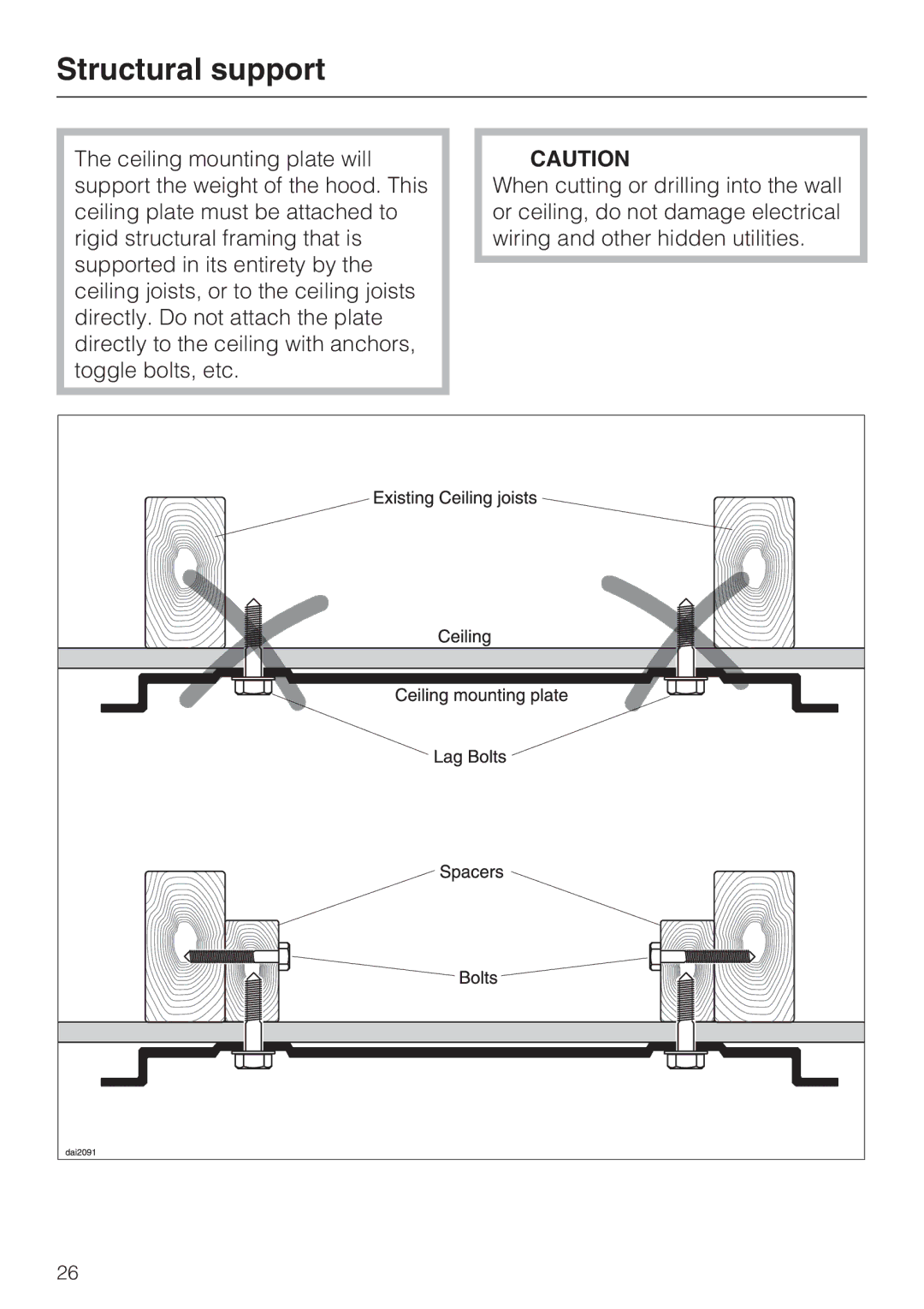 Miele ventilation system, DA 270-4 installation instructions Structural support 