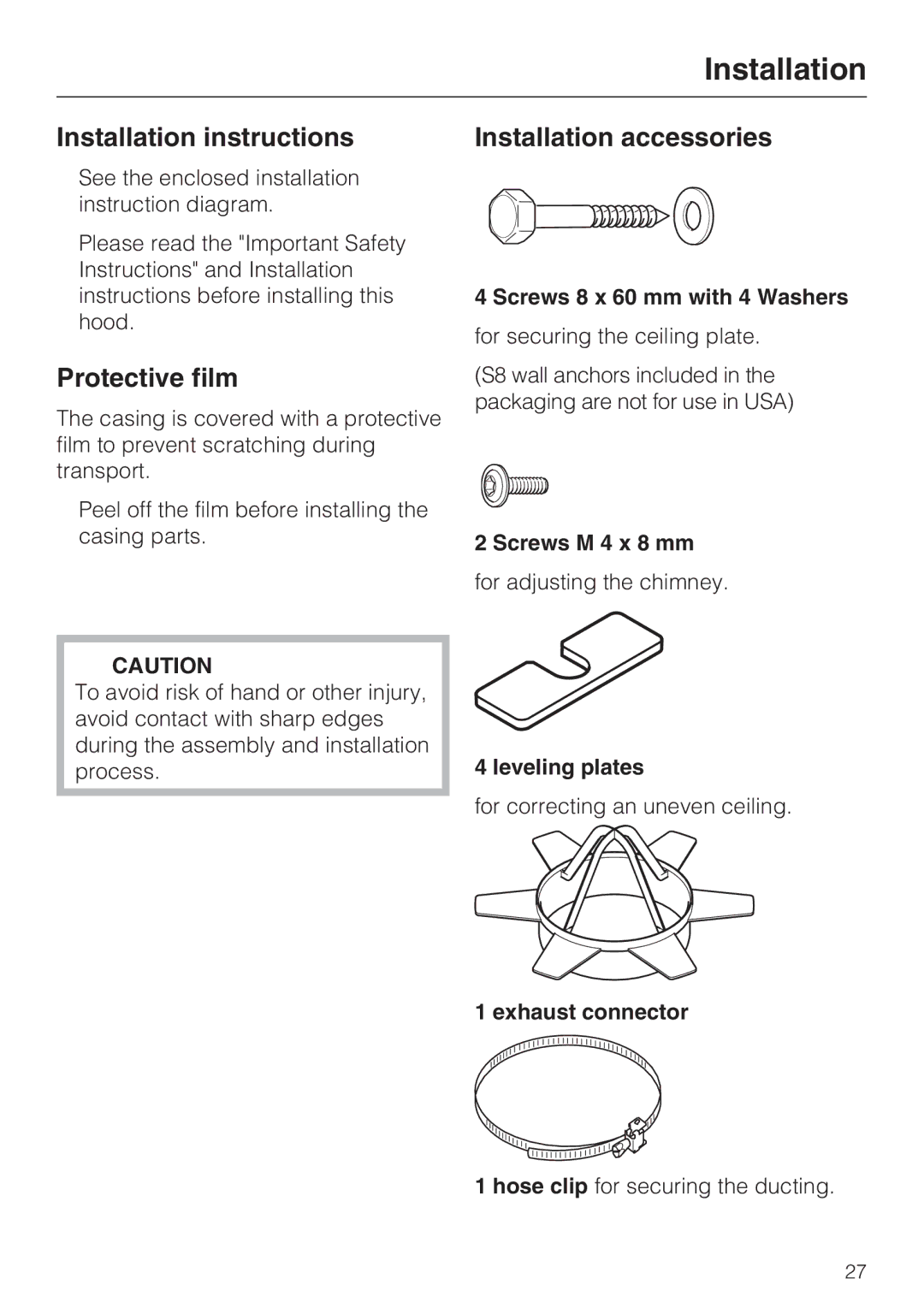 Miele DA 270-4, ventilation system Installation instructions, Protective film, Installation accessories 