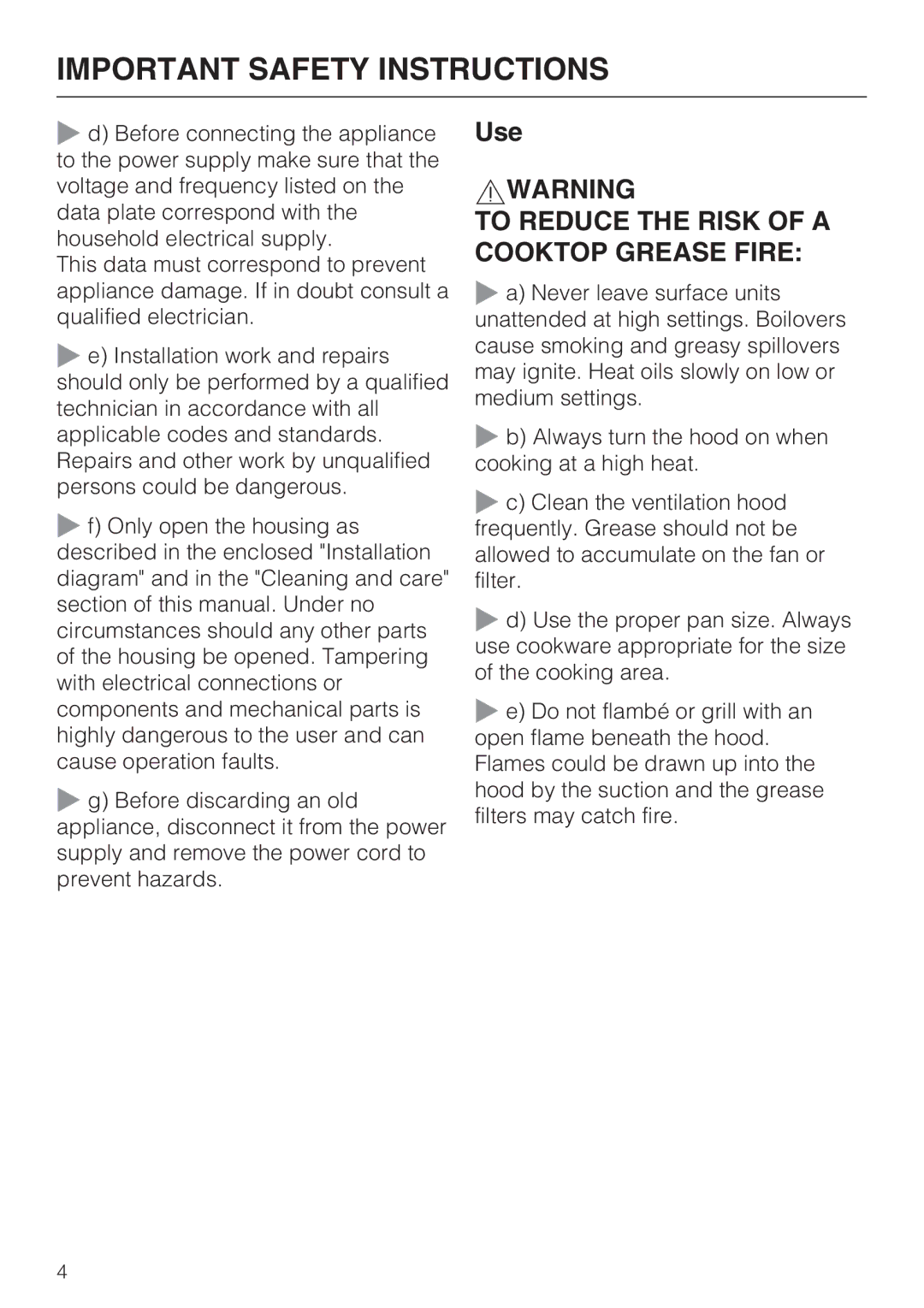 Miele ventilation system, DA 270-4 installation instructions Use, To Reduce the Risk of a Cooktop Grease Fire 