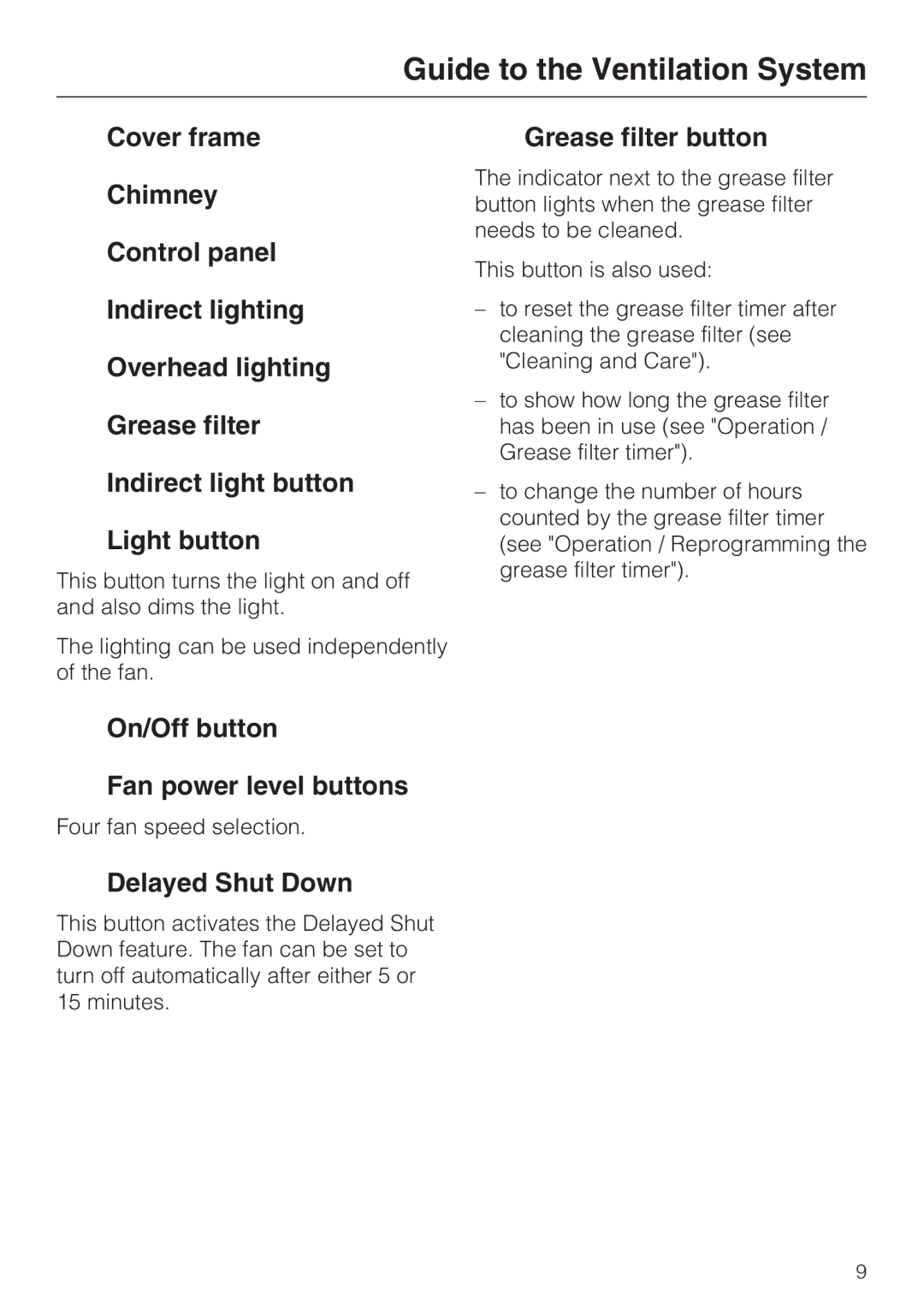 Miele DA 270-4, ventilation system On/Off button Fan power level buttons, Delayed Shut Down, Grease filter button 