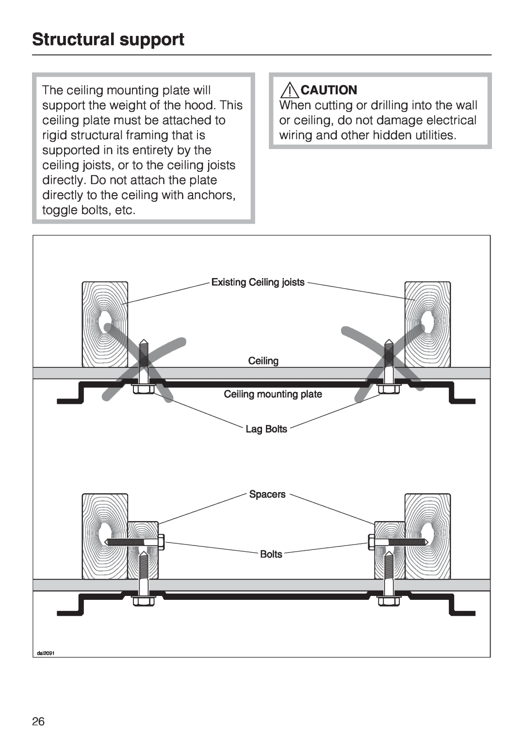 Miele ventilation system, DA 270-4 installation instructions Structural support 