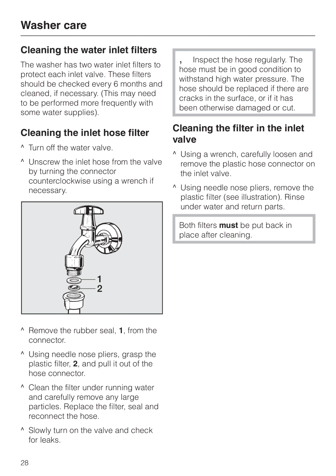 Miele W 1113 Cleaning the water inlet filters, Cleaning the inlet hose filter, Cleaning the filter in the inlet valve 