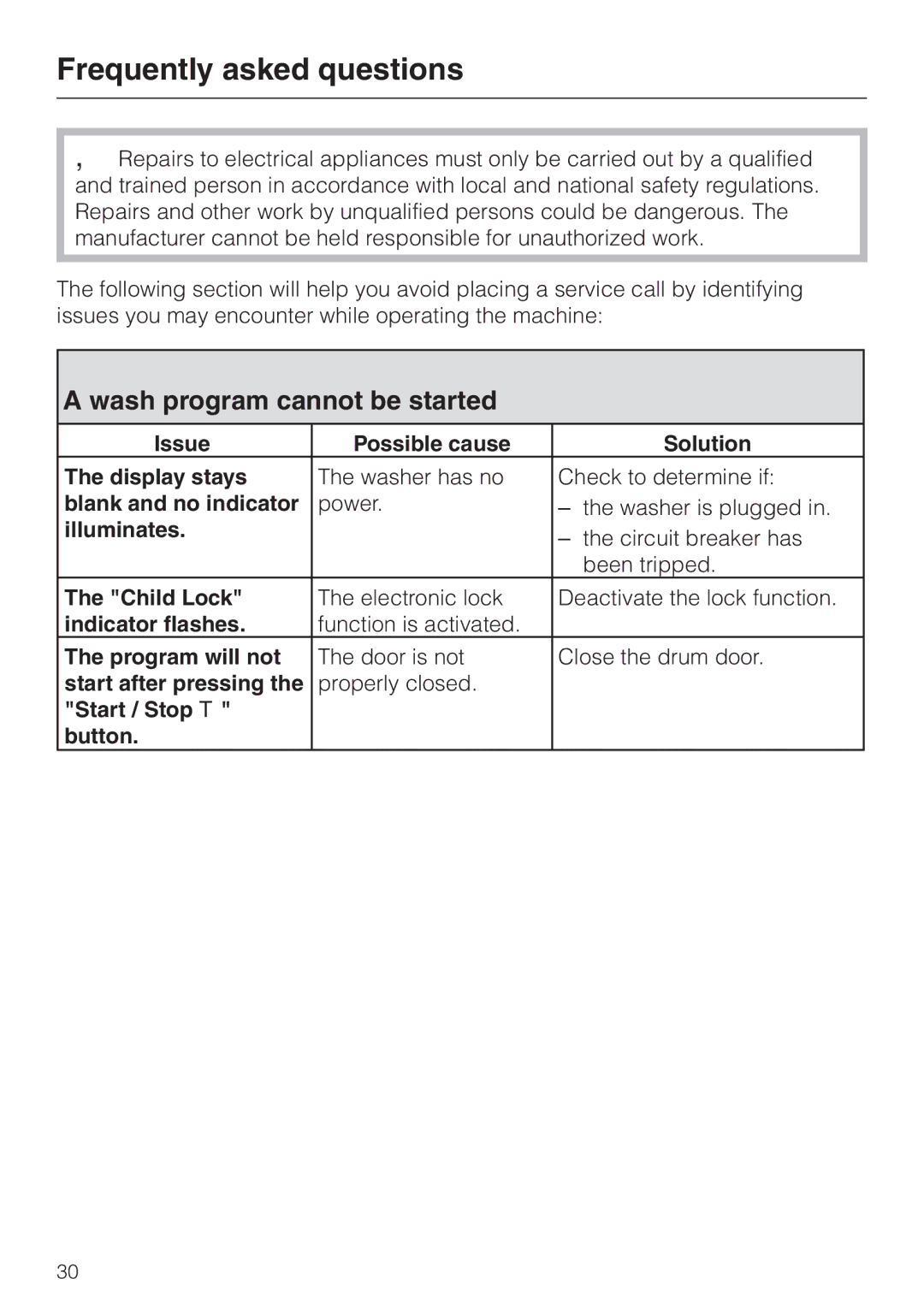 Miele W 1113 operating instructions Frequently asked questions, Wash program cannot be started 