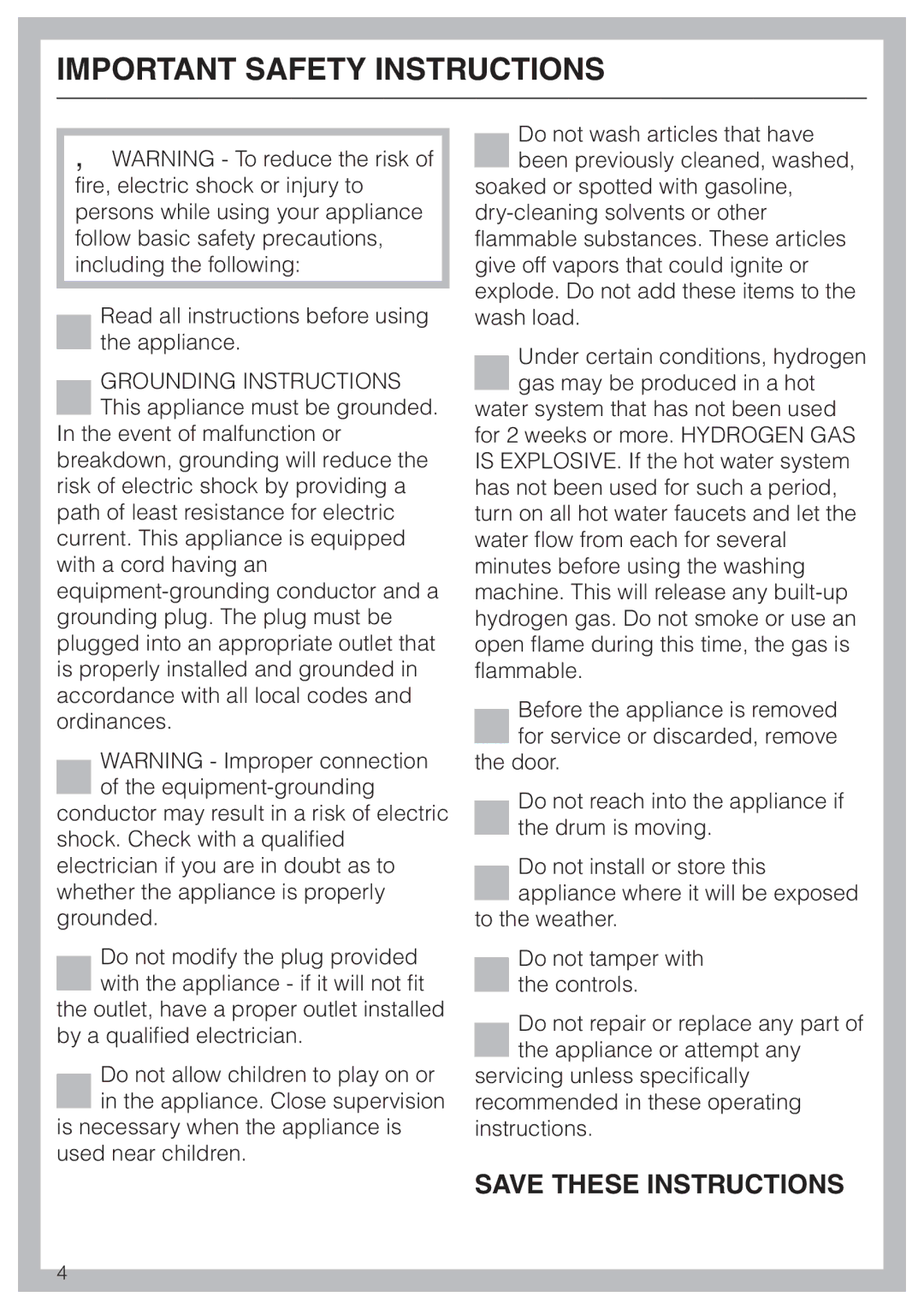 Miele W 1113 operating instructions Important Safety Instructions 