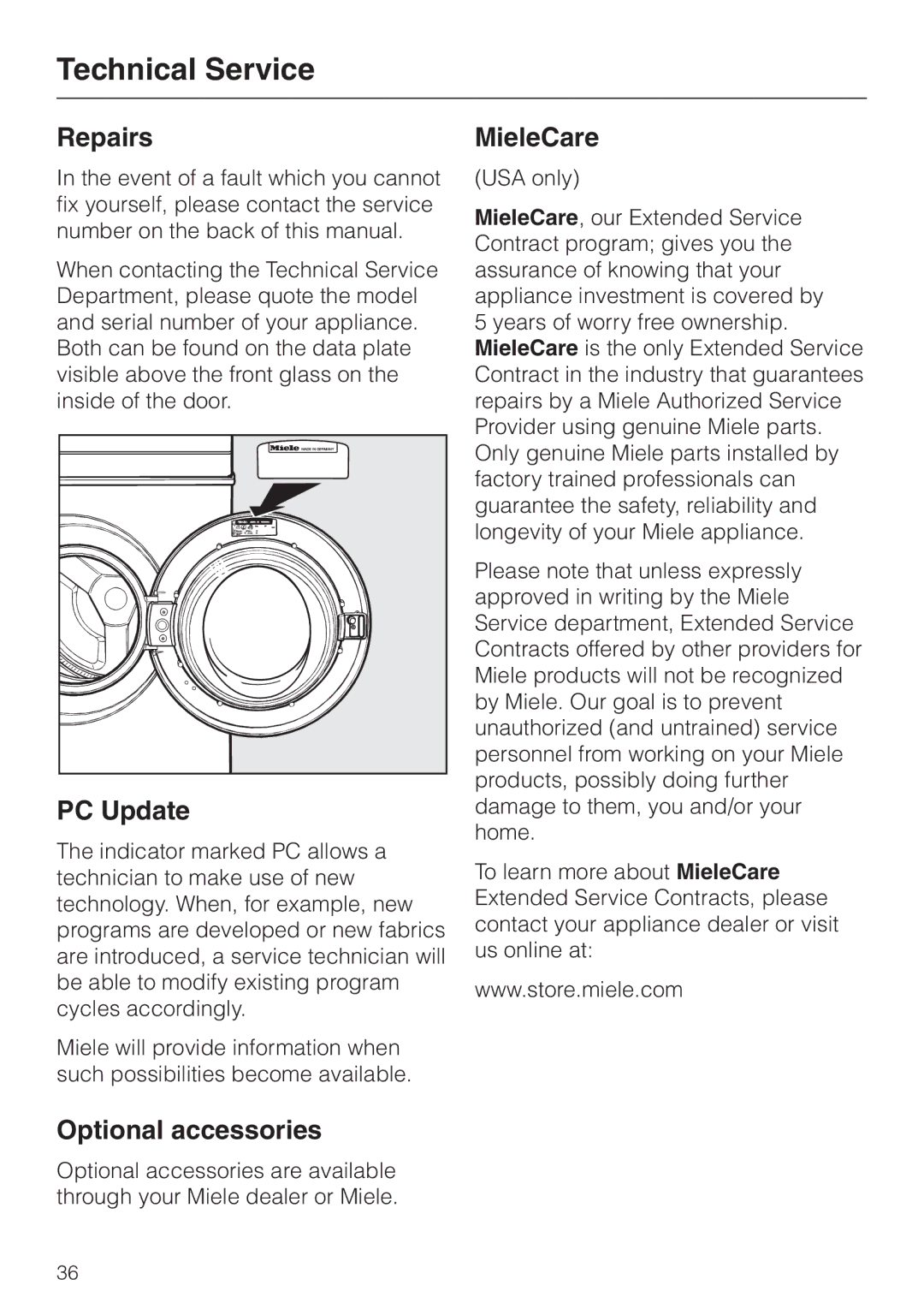 Miele W 1113 operating instructions Technical Service, Repairs, PC Update, Optional accessories, MieleCare 