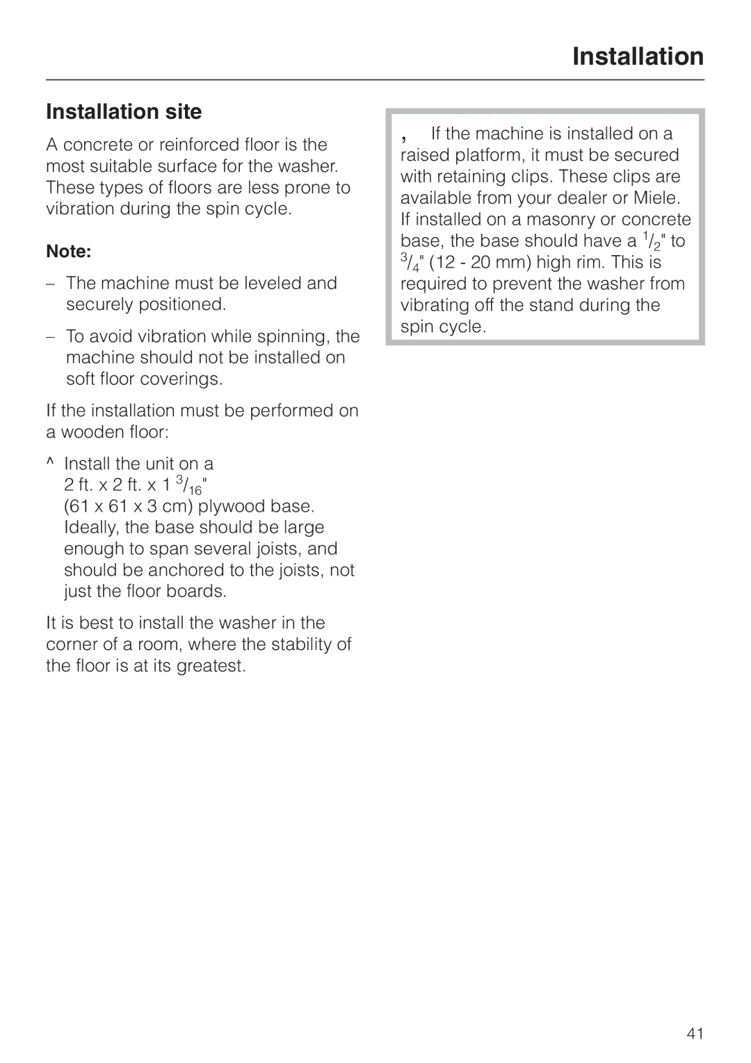 Miele W 1113 operating instructions Installation site 