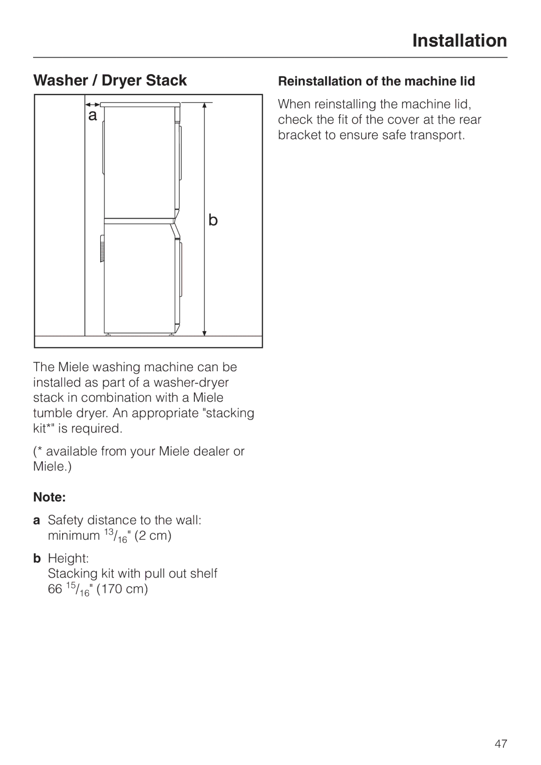 Miele W 1113 operating instructions Washer / Dryer Stack, Reinstallation of the machine lid 