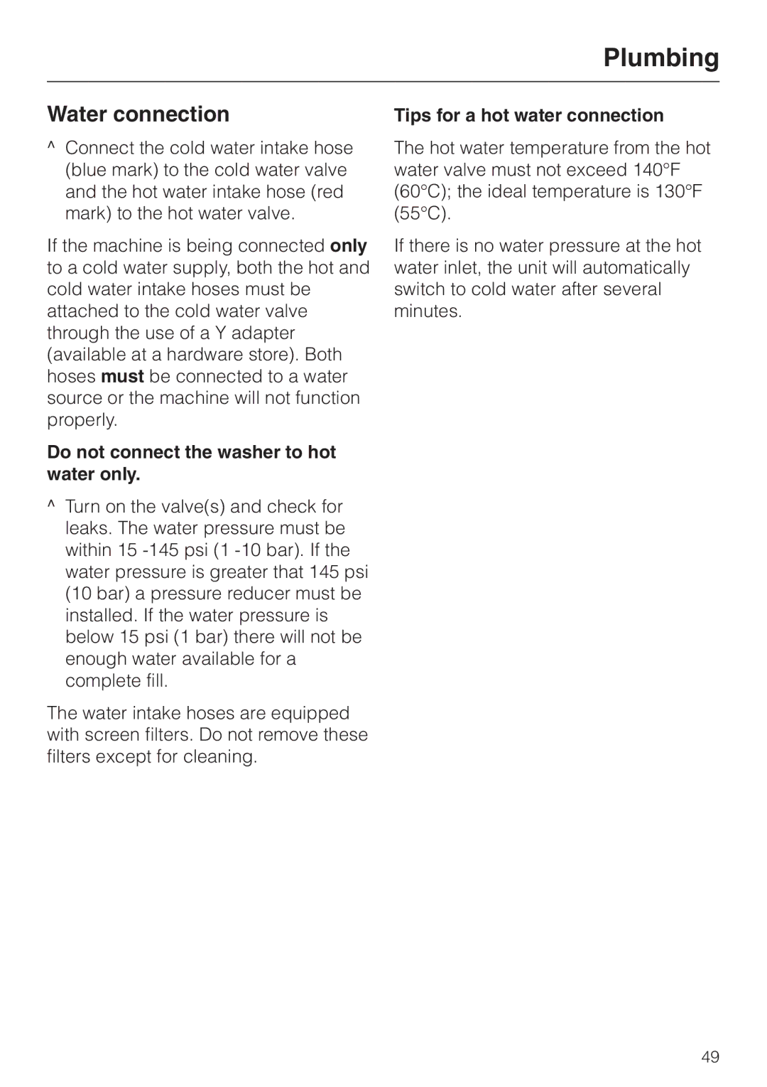 Miele W 1113 Water connection, Do not connect the washer to hot water only, Tips for a hot water connection 