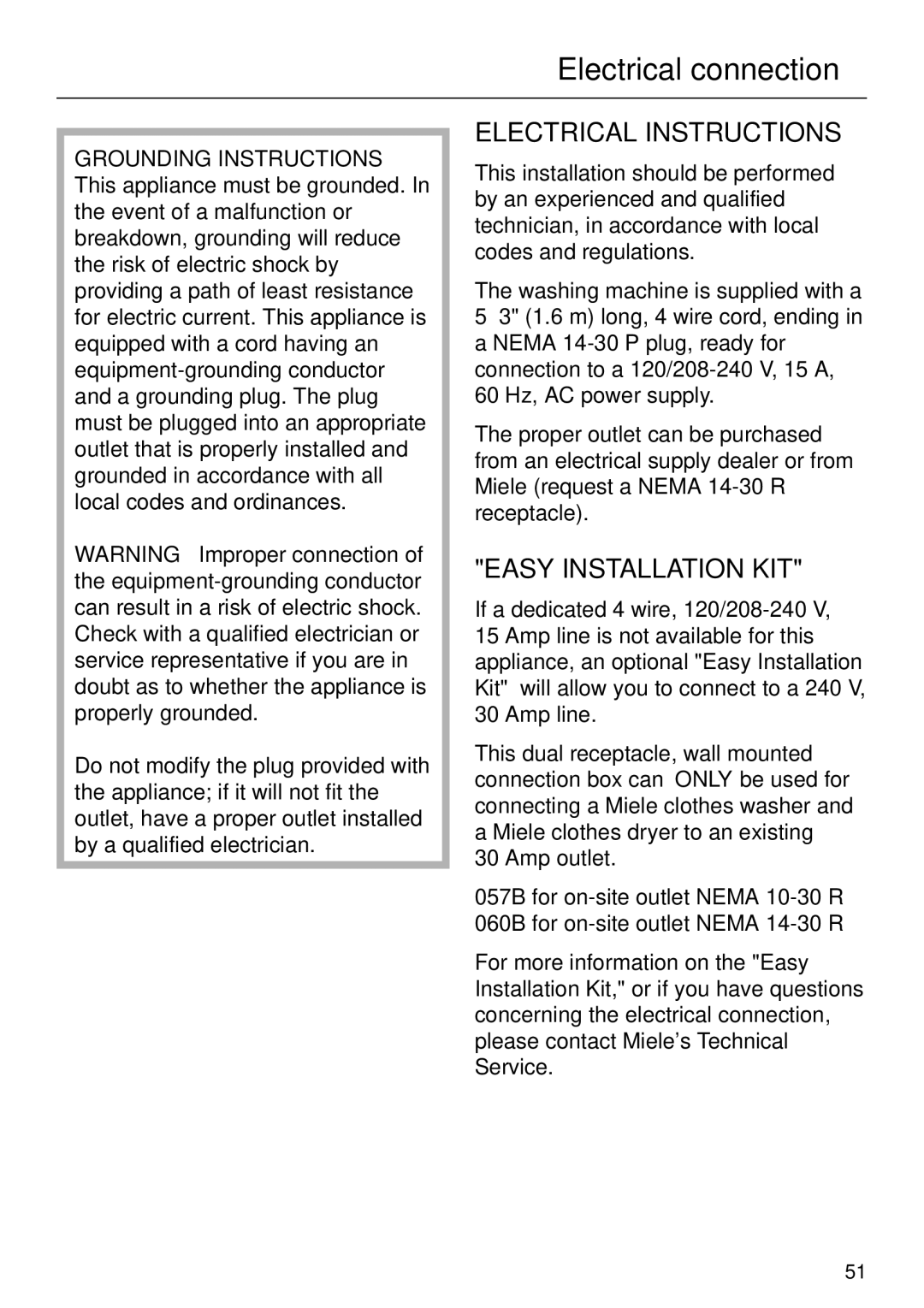 Miele W 1113 operating instructions Electrical connection, Grounding Instructions 