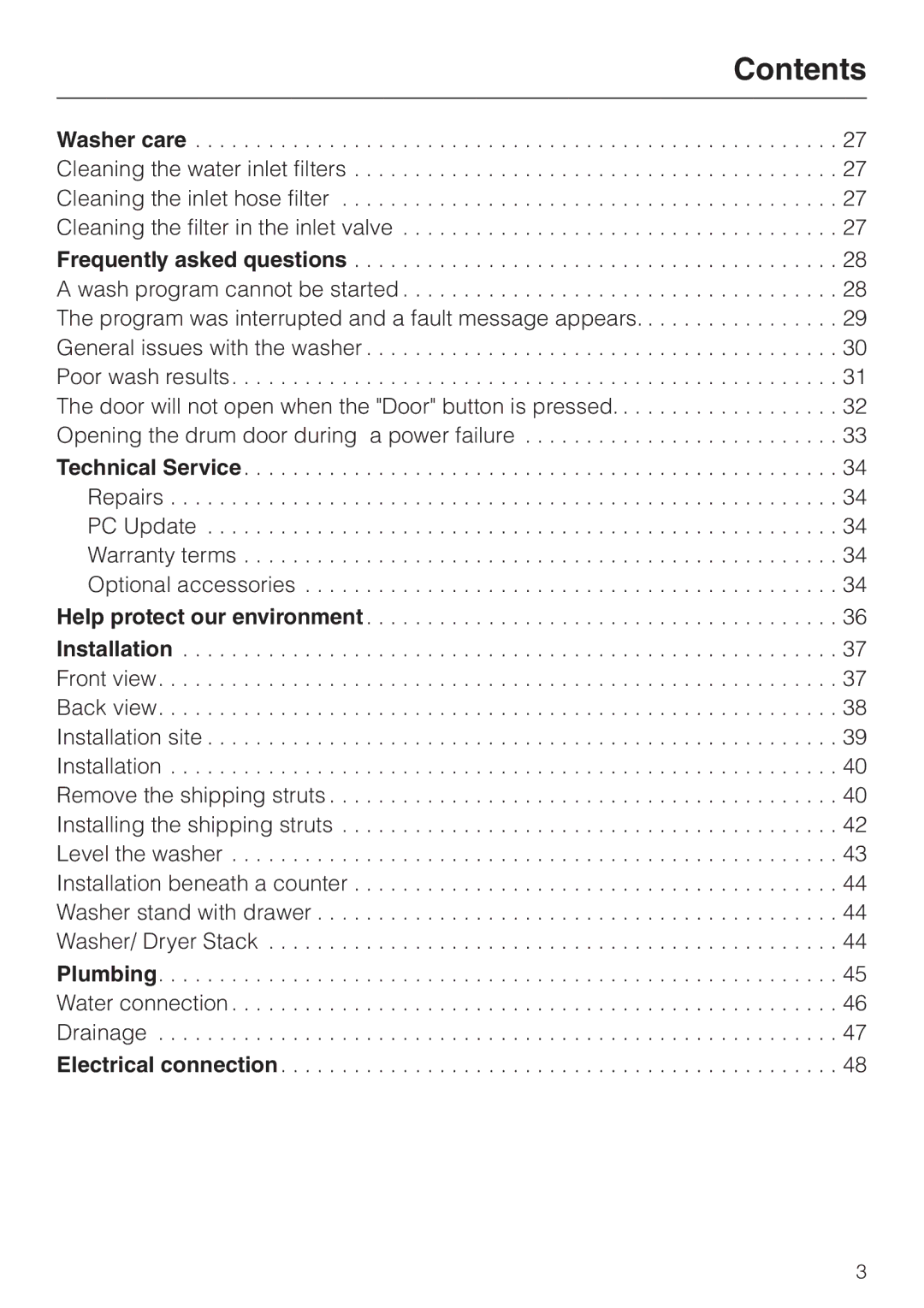 Miele W 1113 operating instructions Contents 