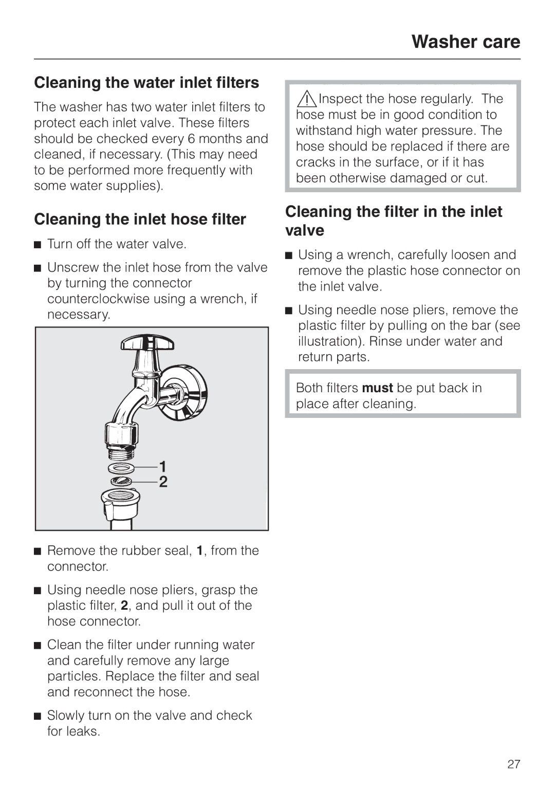 Miele W 1113 Cleaning the water inlet filters, Cleaning the inlet hose filter, Cleaning the filter in the inlet valve 