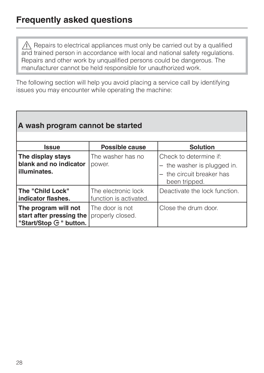 Miele W 1113 operating instructions Frequently asked questions, Wash program cannot be started 