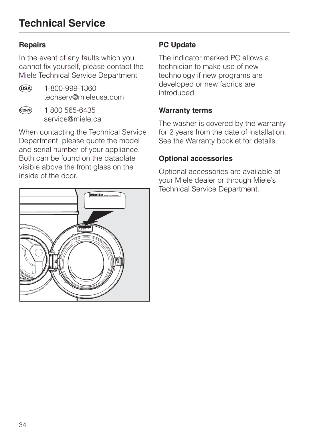 Miele W 1113 operating instructions Technical Service, Repairs, PC Update, Warranty terms, Optional accessories 