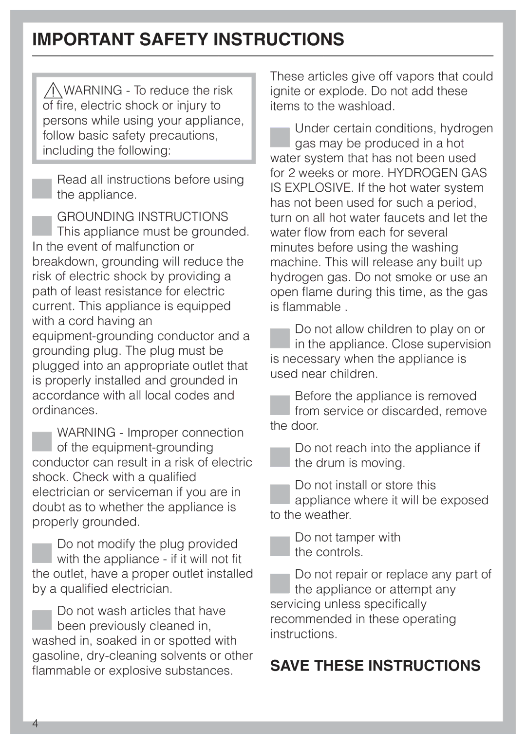 Miele W 1113 operating instructions Important Safety Instructions 