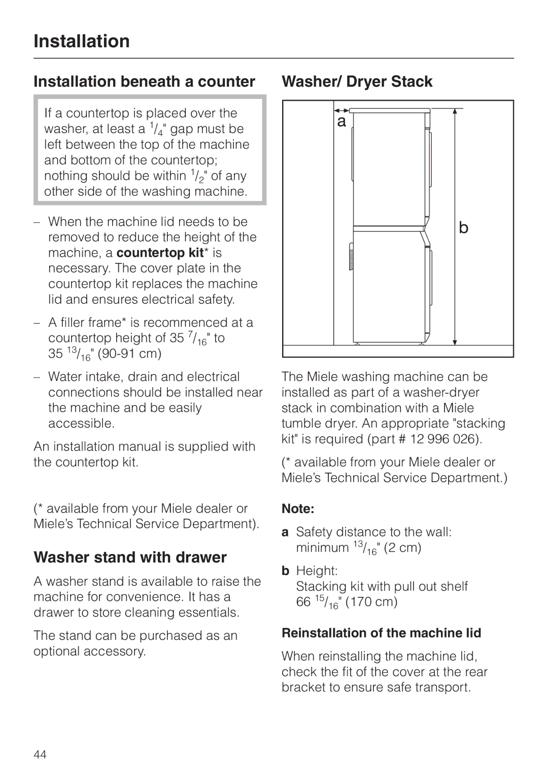 Miele W 1113 Installation beneath a counter, Washer stand with drawer, Reinstallation of the machine lid 