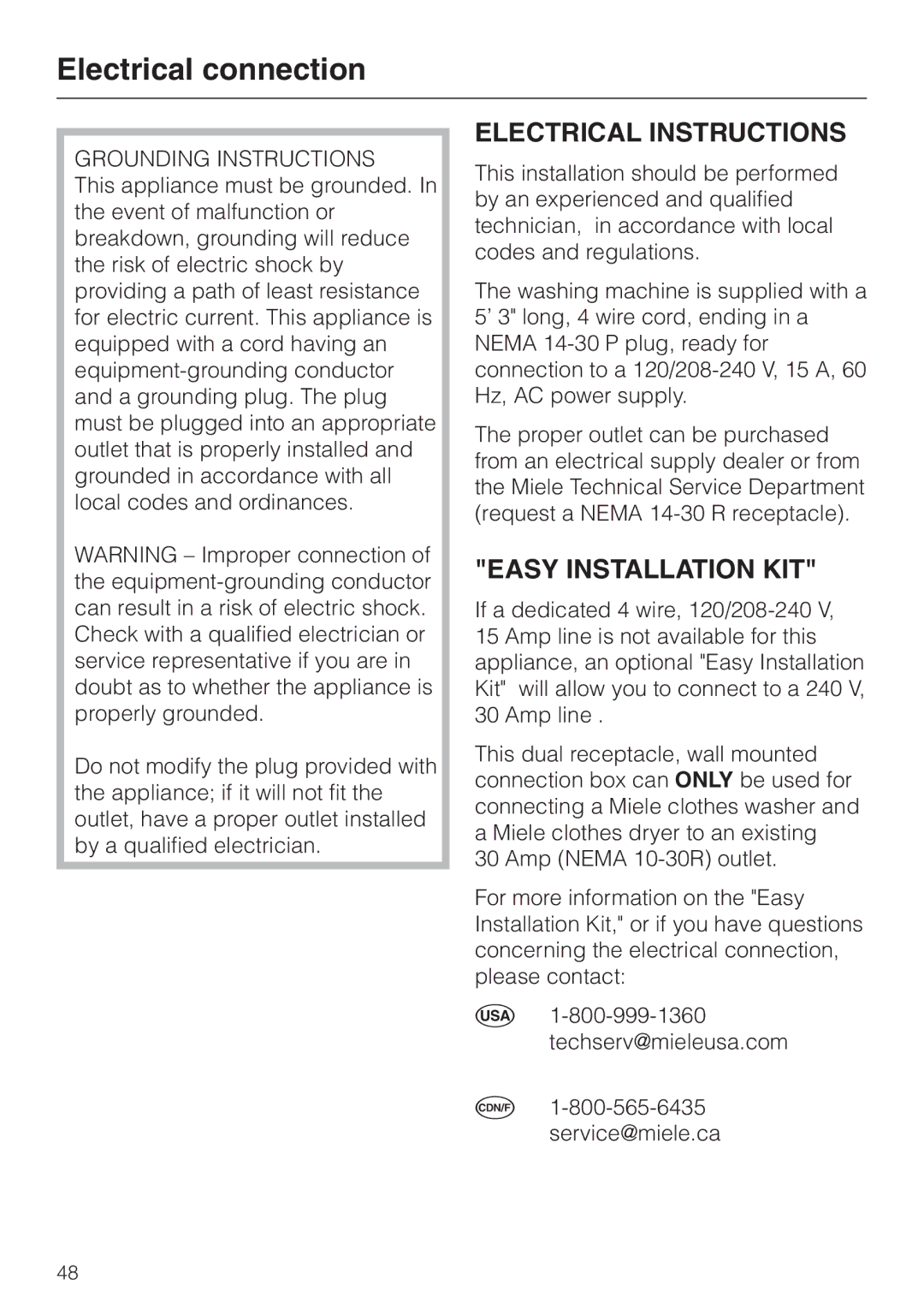 Miele W 1113 operating instructions Electrical connection, Grounding Instructions 