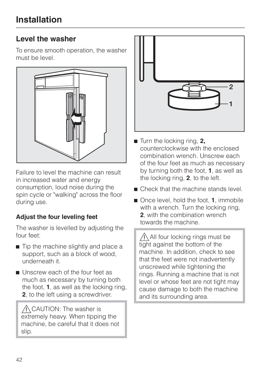 Miele W 1119 operating instructions Level the washer, Adjust the four leveling feet 