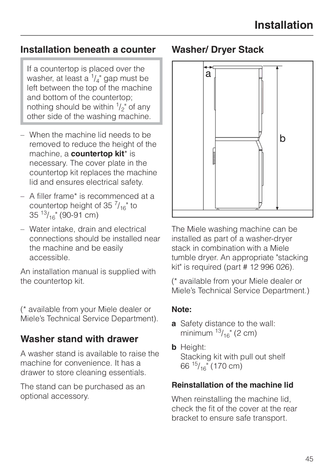 Miele W 1119 Installation beneath a counter, Washer stand with drawer, Reinstallation of the machine lid 