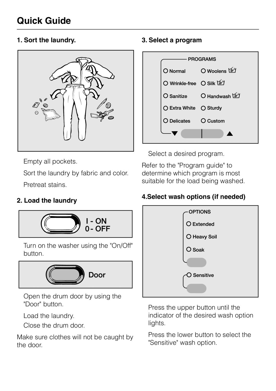 Miele W 1215 Quick Guide, Sort the laundry, Load the laundry, Select a program, Select wash options if needed 