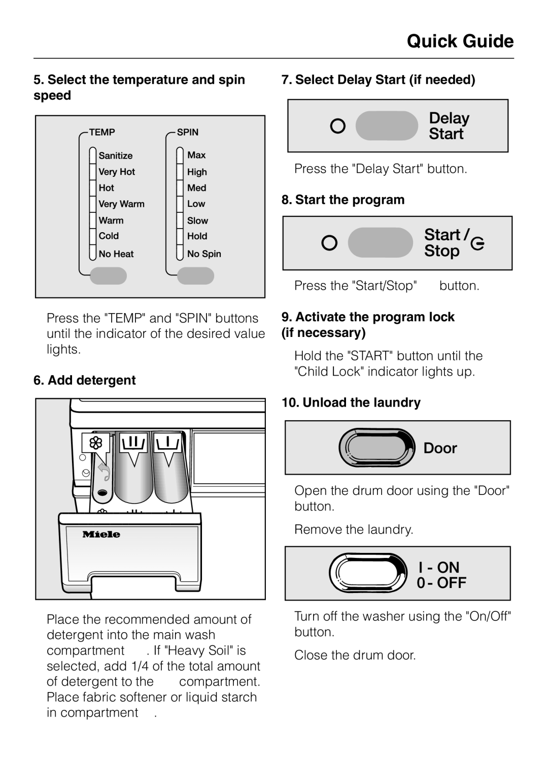 Miele W 1215 Select the temperature and spin speed, Add detergent, Select Delay Start if needed, Start the program 