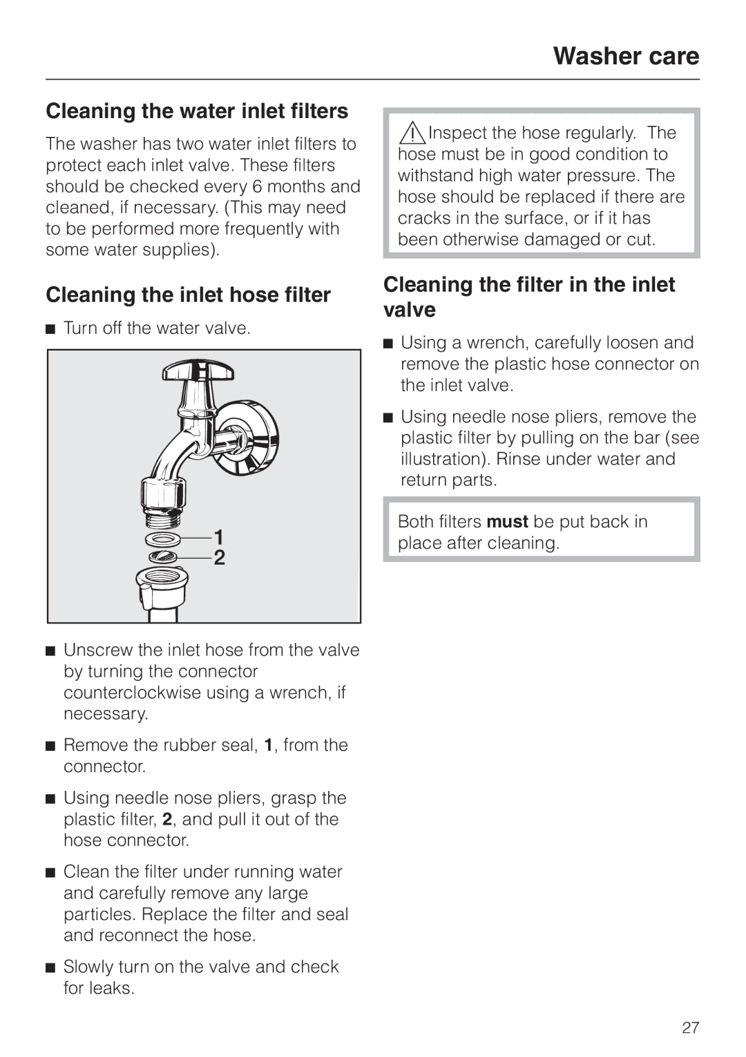 Miele W 1215 Cleaning the water inlet filters, Cleaning the inlet hose filter, Cleaning the filter in the inlet valve 