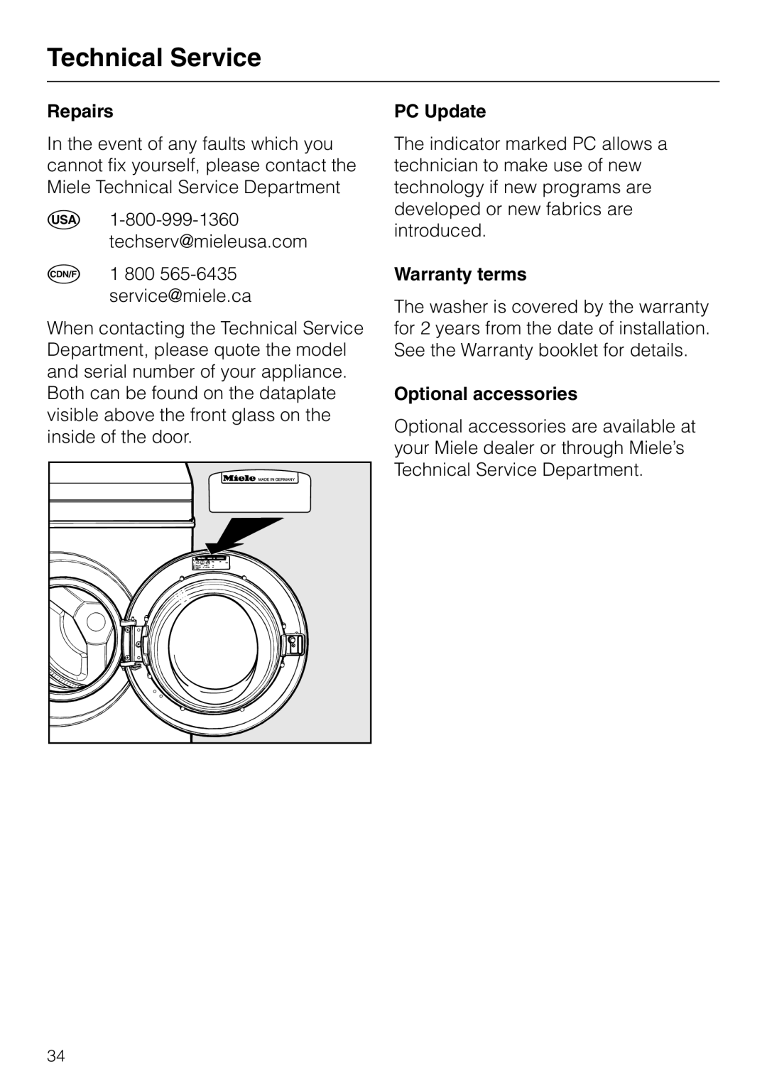 Miele W 1215 operating instructions Technical Service, Repairs, PC Update, Warranty terms, Optional accessories 