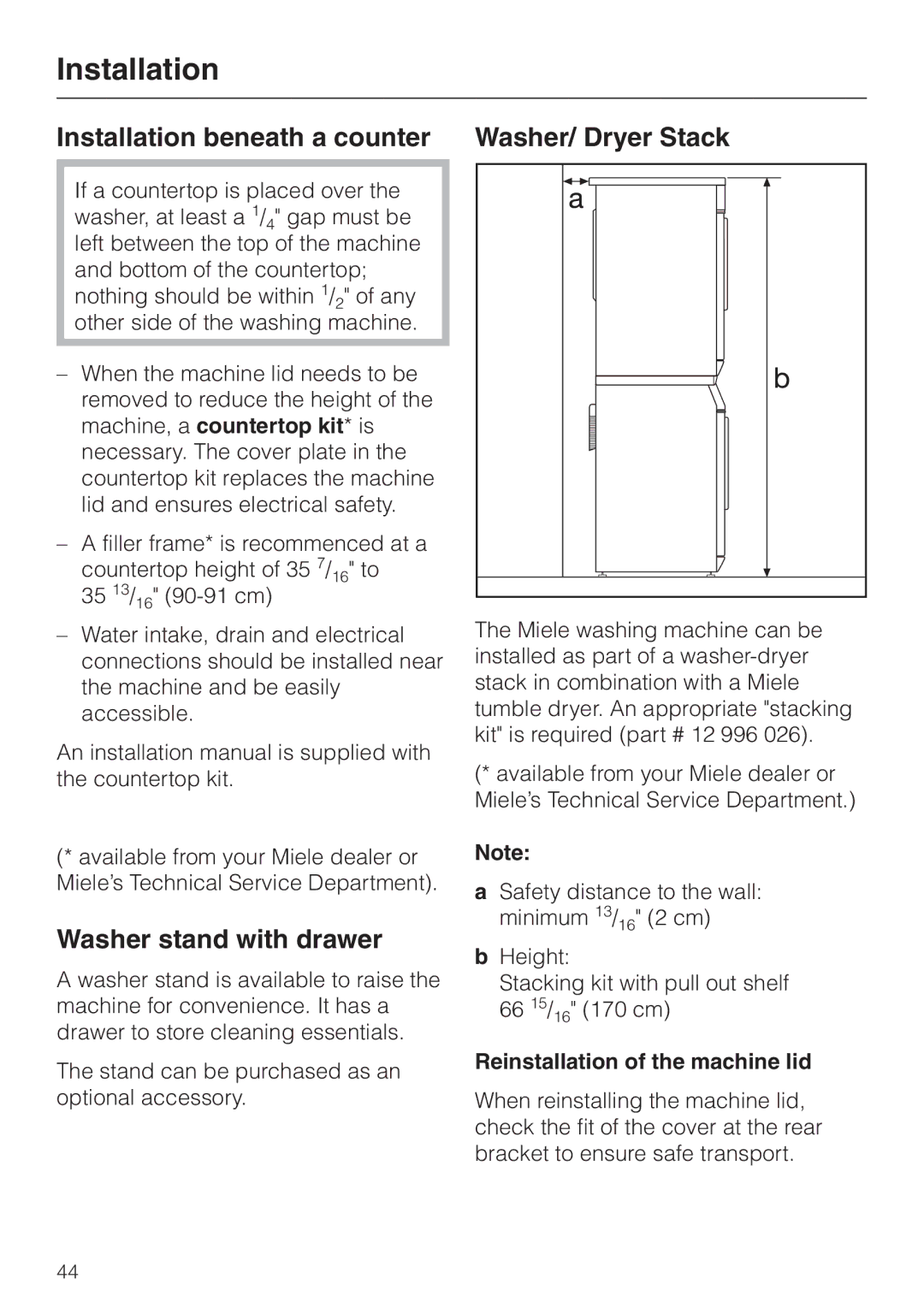 Miele W 1215 Installation beneath a counter, Washer stand with drawer, Reinstallation of the machine lid 