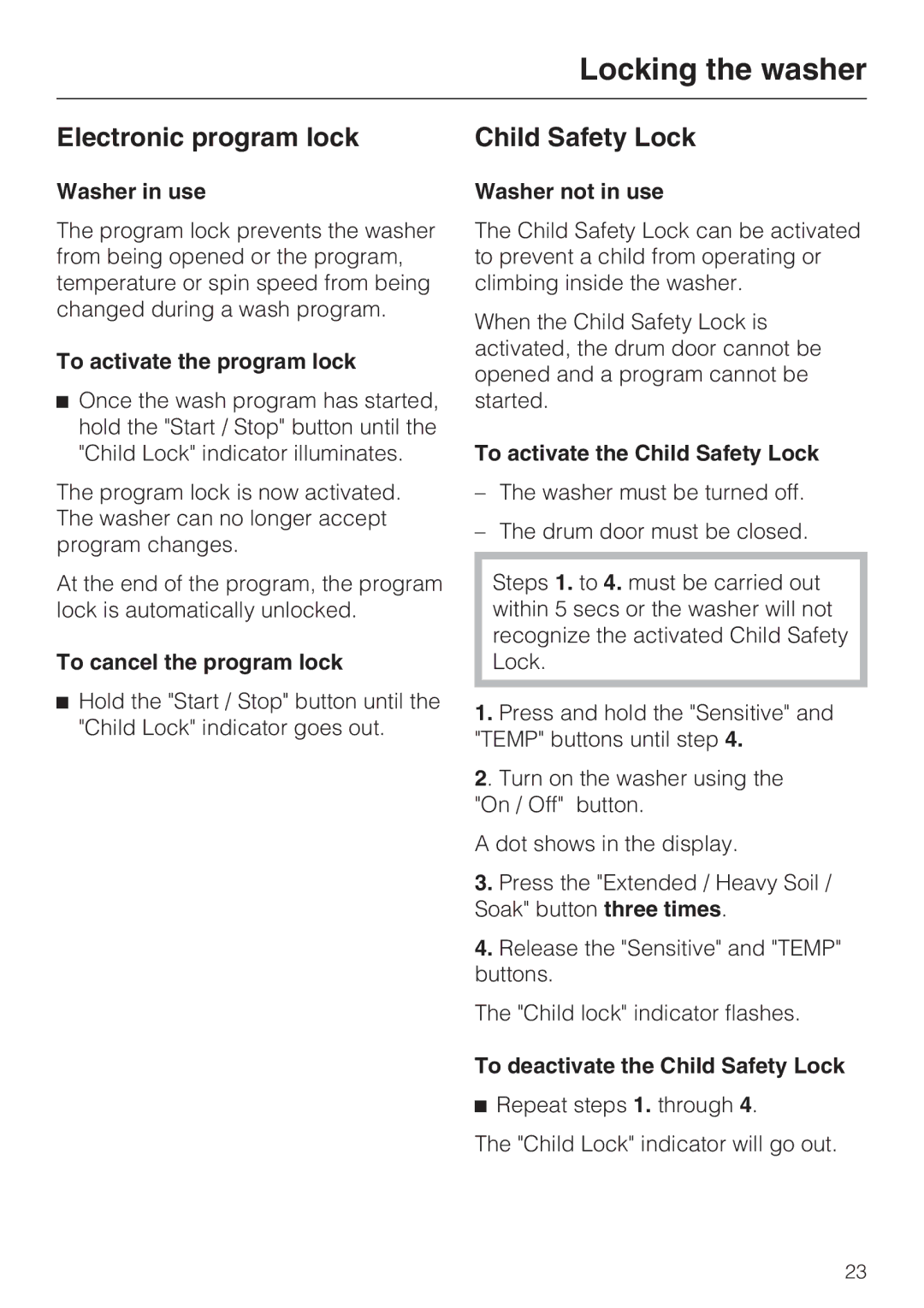 Miele W 1215 installation instructions Locking the washer, Electronic program lock Child Safety Lock 