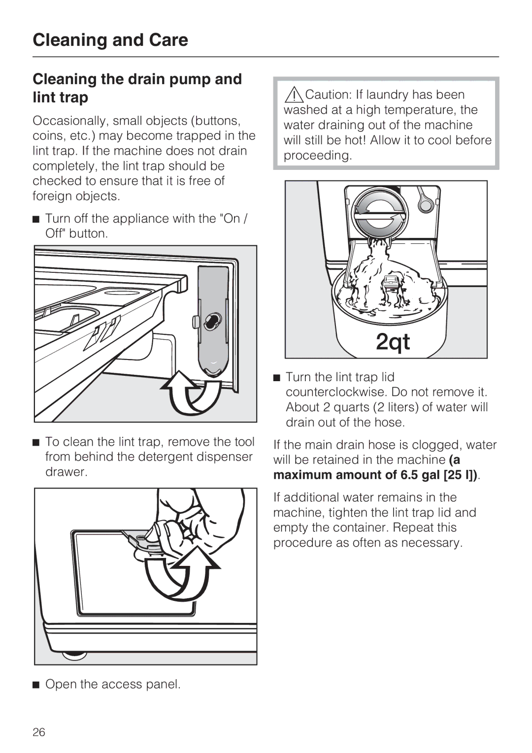 Miele W 1215 installation instructions Cleaning the drain pump and lint trap, Open the access panel 