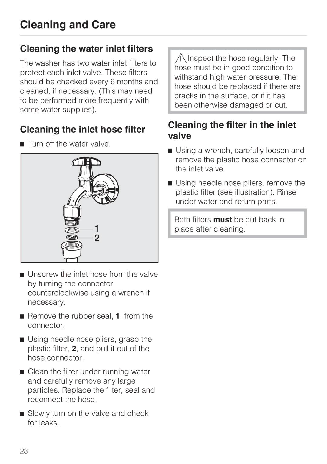 Miele W 1215 Cleaning the water inlet filters, Cleaning the inlet hose filter, Cleaning the filter in the inlet valve 