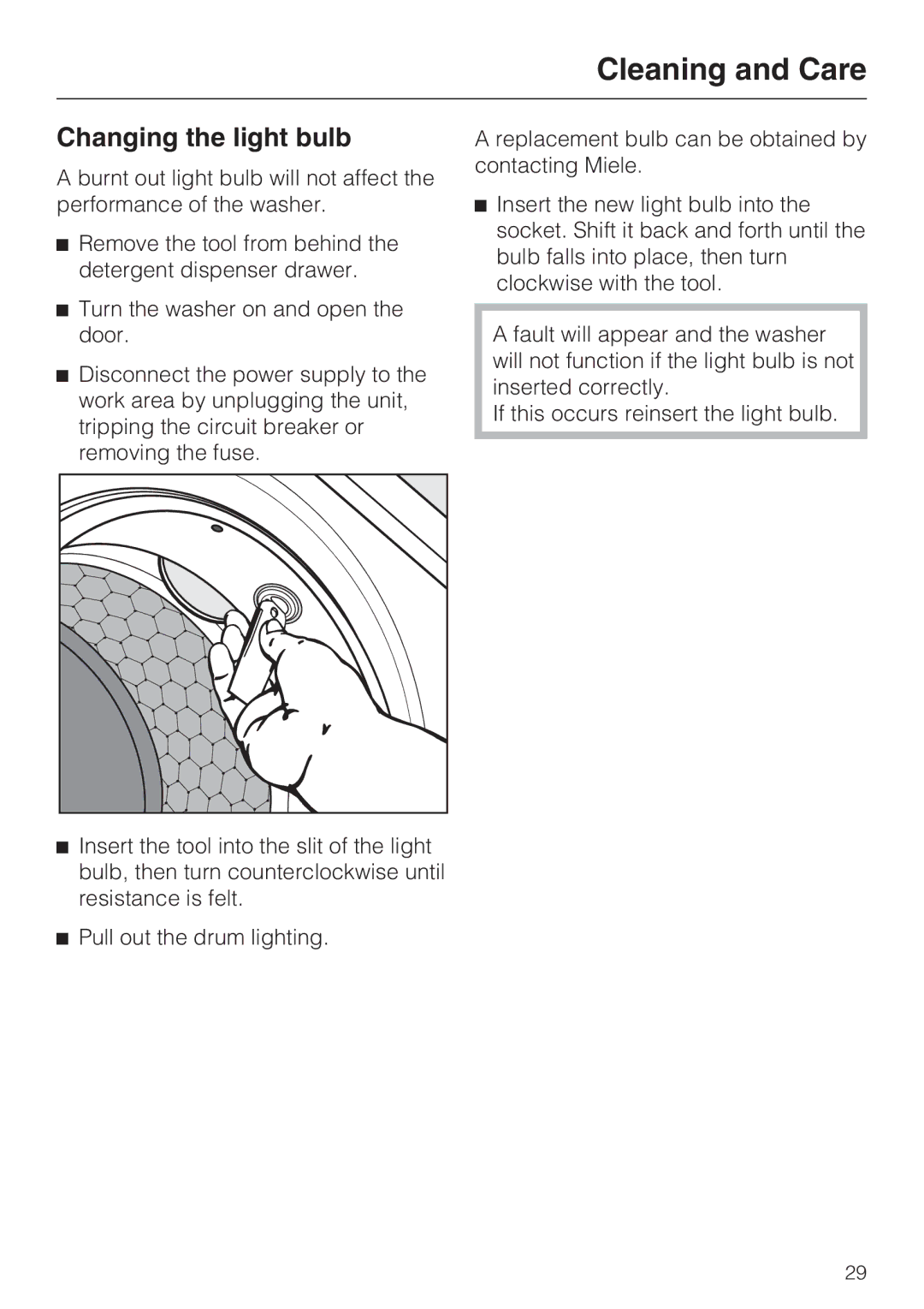 Miele W 1215 installation instructions Changing the light bulb 