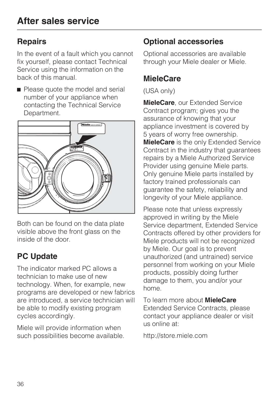 Miele W 1215 installation instructions After sales service, Repairs, PC Update, Optional accessories, MieleCare 