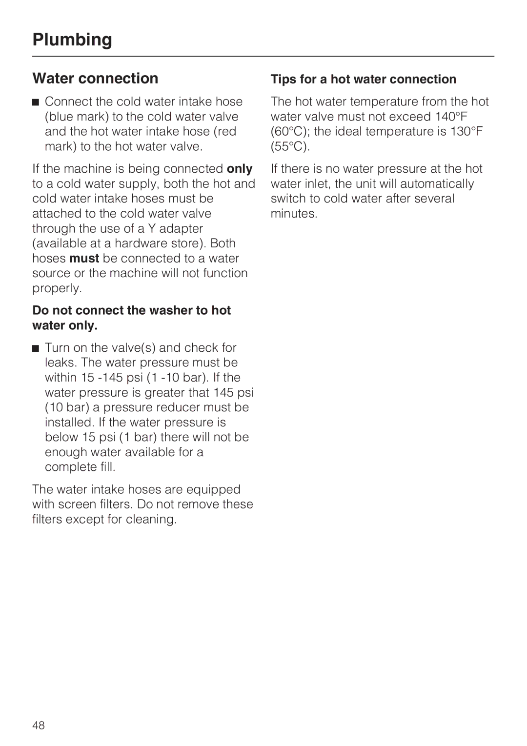 Miele W 1215 Water connection, Do not connect the washer to hot water only, Tips for a hot water connection 