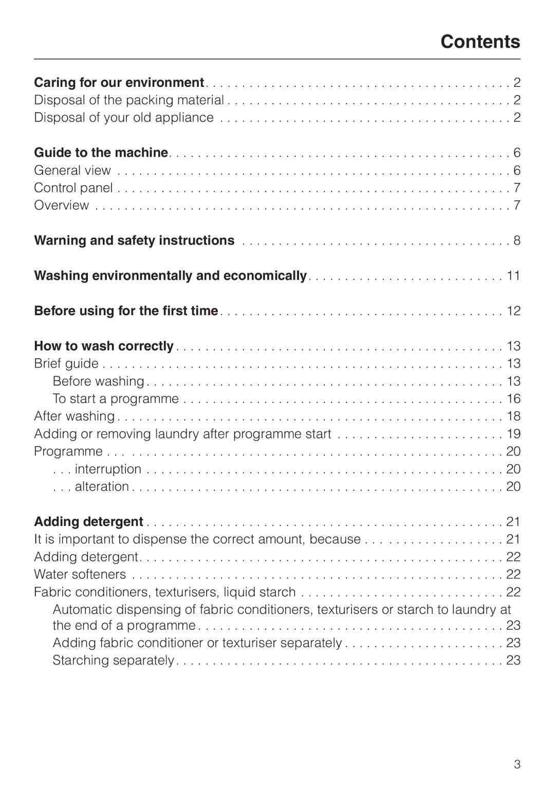 Miele W 149 operating instructions Contents 