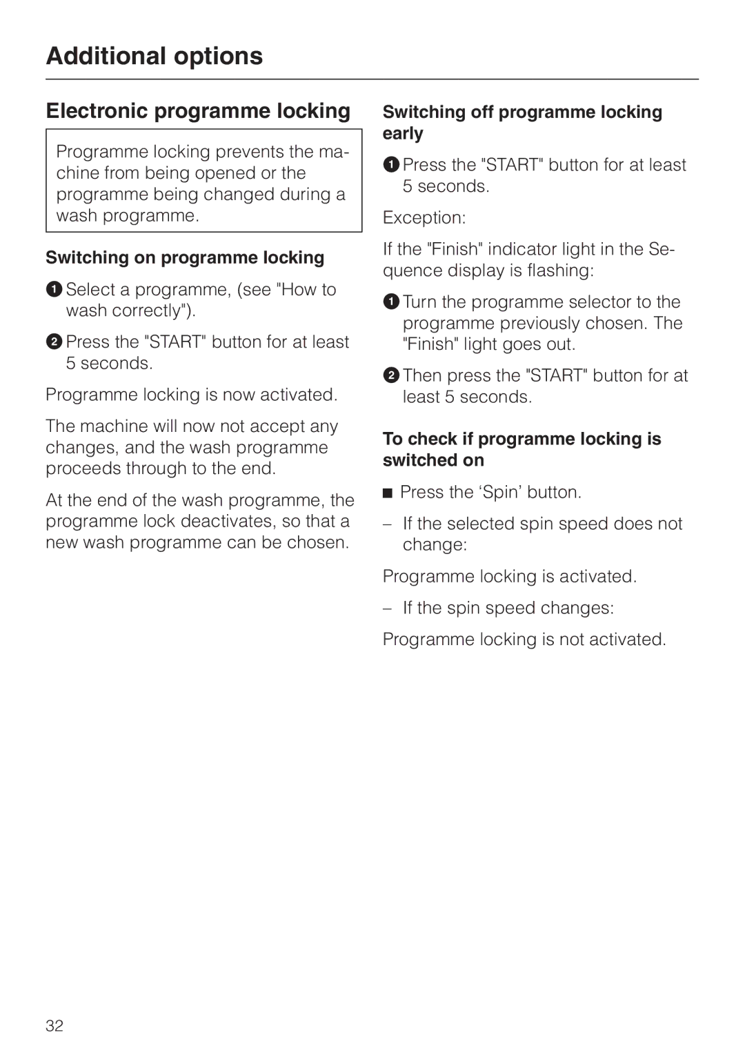 Miele W 149 Electronic programme locking, Switching on programme locking, Switching off programme locking early 