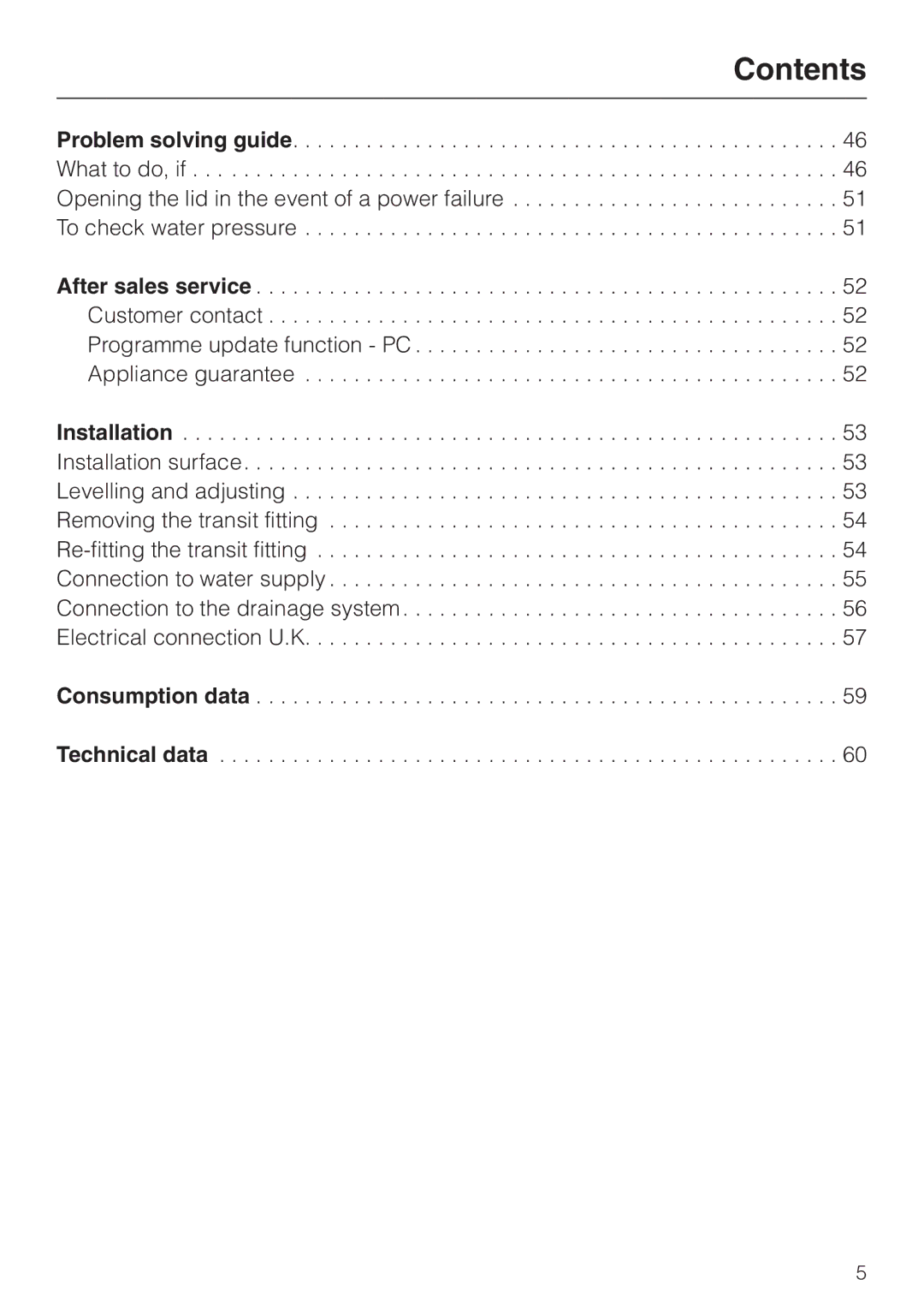 Miele W 149 operating instructions Consumption data Technical data 