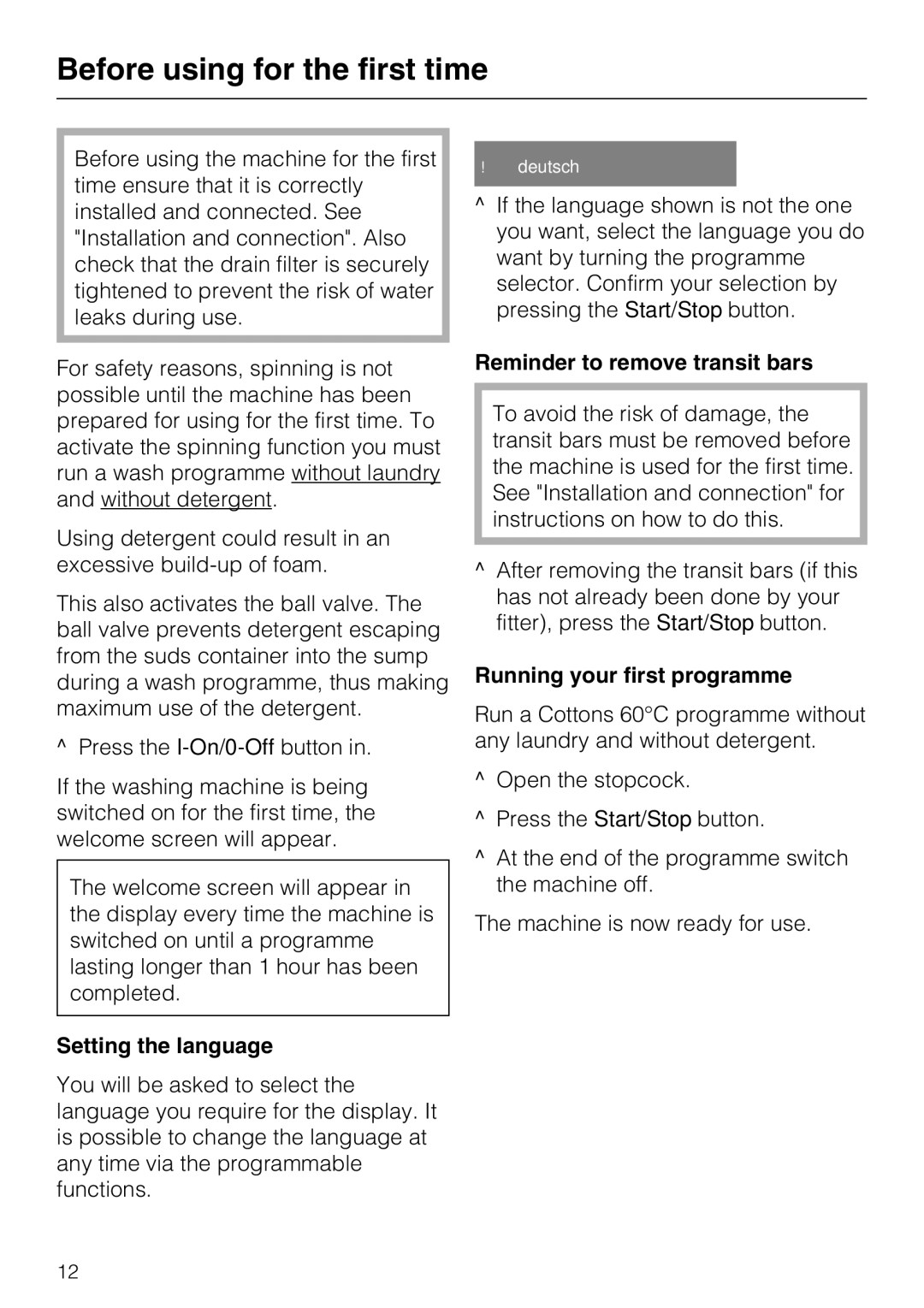 Miele W 1512 operating instructions Before using for the first time, Setting the language, Reminder to remove transit bars 