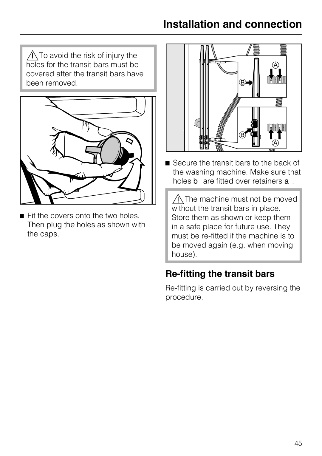 Miele W 1512 operating instructions Re-fitting the transit bars 