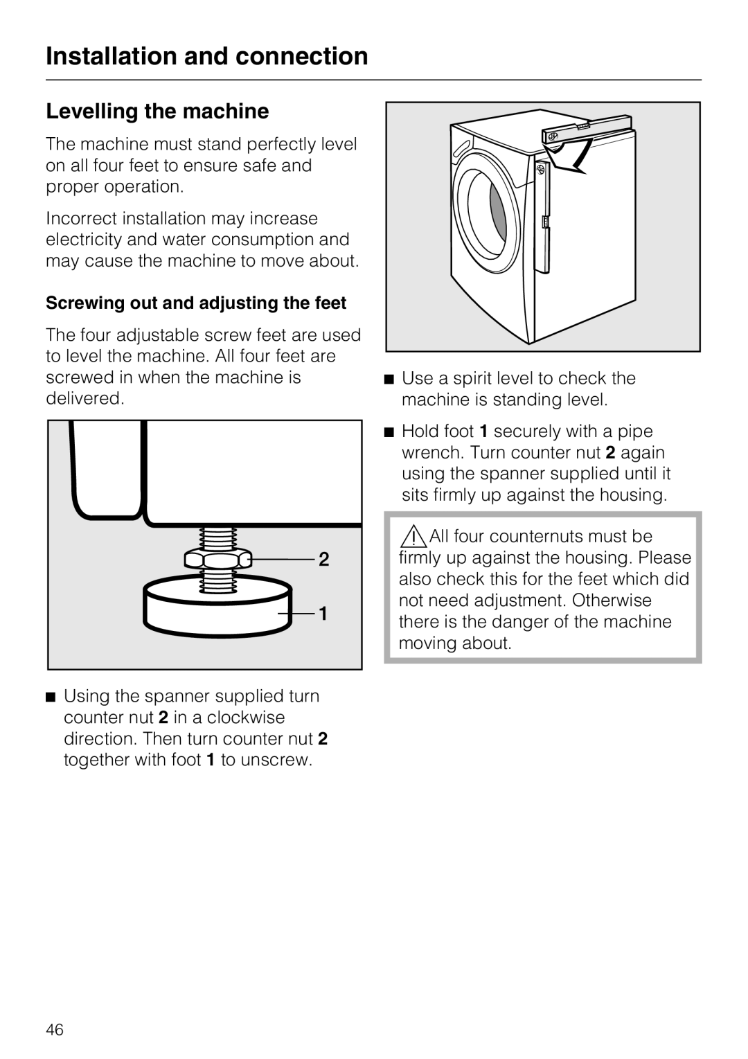 Miele W 1512 operating instructions Levelling the machine, Screwing out and adjusting the feet 