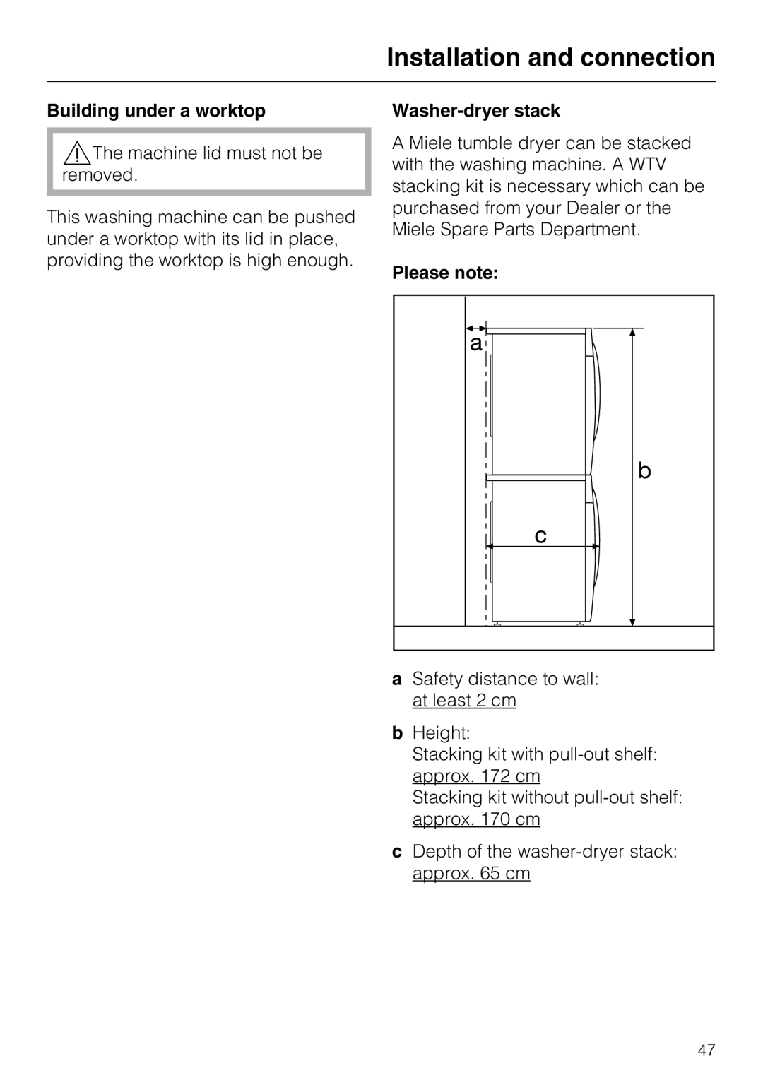 Miele W 1512 operating instructions Building under a worktop, Washer-dryer stack, Please note 